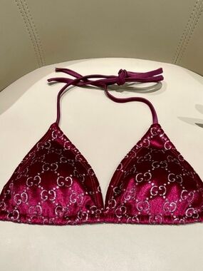 Gucci Satin Triangle Bikini Top in Deep Raspberry with GG Monogram